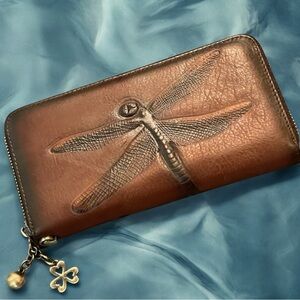 🆕 Embossed Dragonfly - Genuine Leather Wallet - Clover Tassel Zip - Coffee